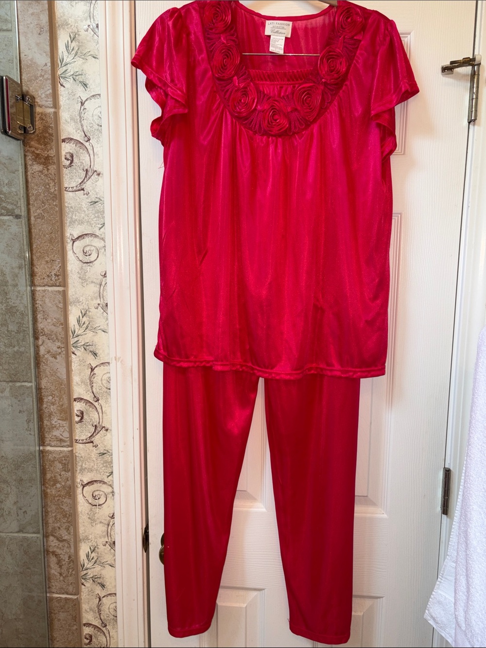 Large Dark Pink Satin Pajama Set with Rosette Neckline